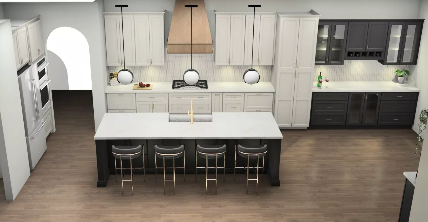 Luxury White and Black Shaker Kitchen Cabinets with Oversized Island Design