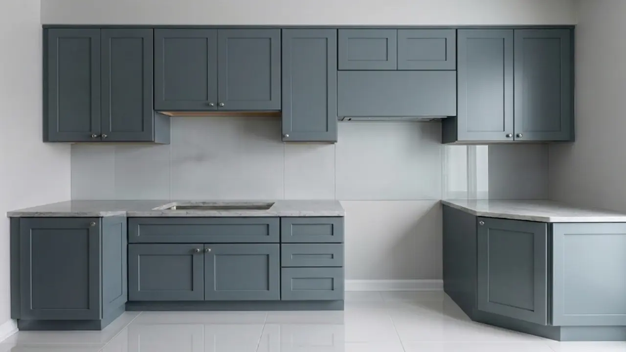 assembled kitchen cabinets with integrated clean modular layout on a plain background, demonstrating cabinet and appliance compatibility and proper spacing.