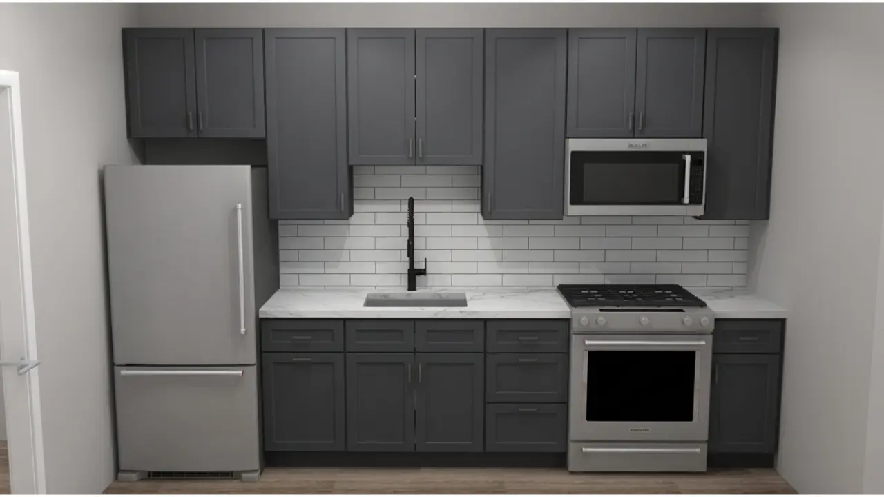 modern kitchen layout featuring charcoal grey Shaker cabinets to illustrate core material durability, structural strength, and moisture resistance.