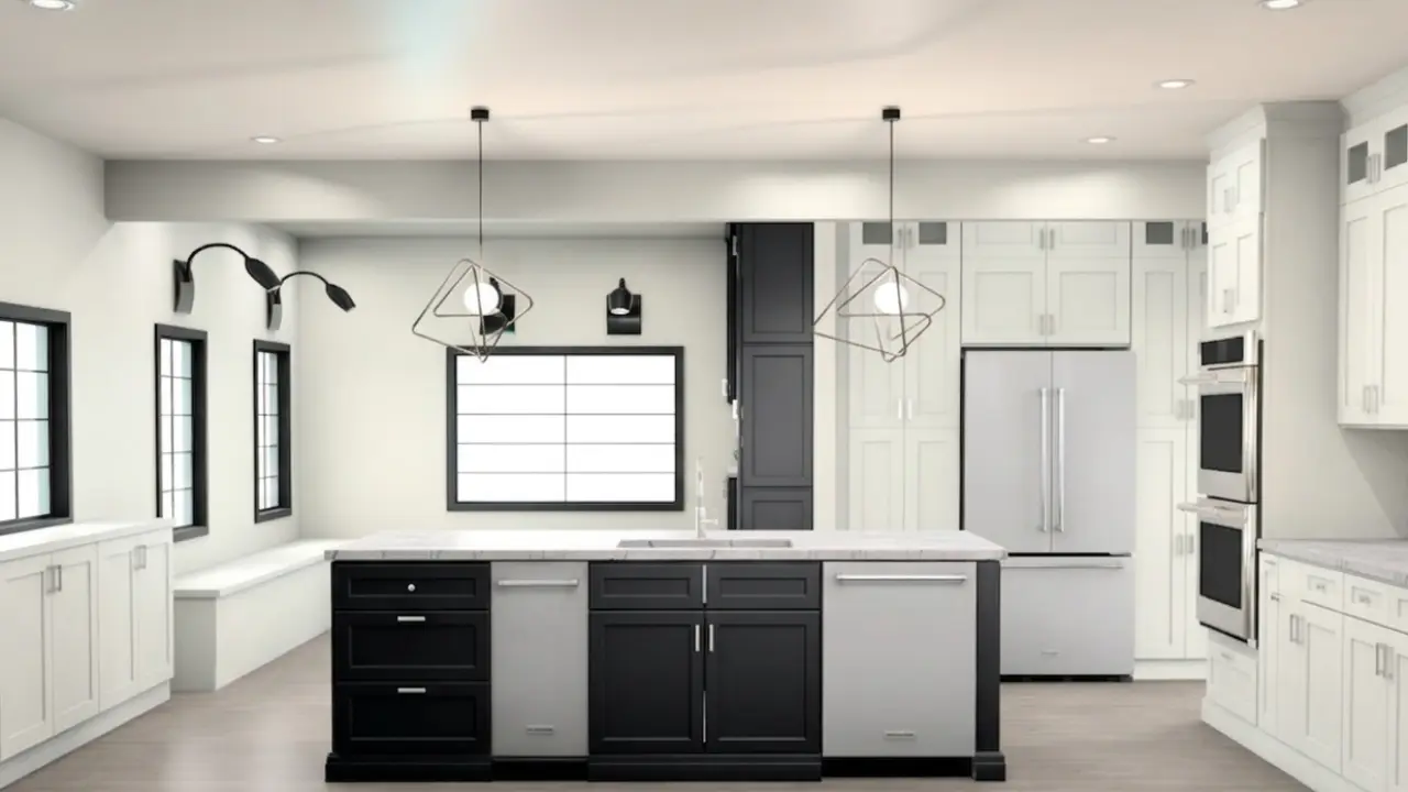 clean kitchen design highlighting charcoal grey Shaker-style upper cabinets positioned to demonstrate proper visual balance and accessibility relative to ceiling height constraints.