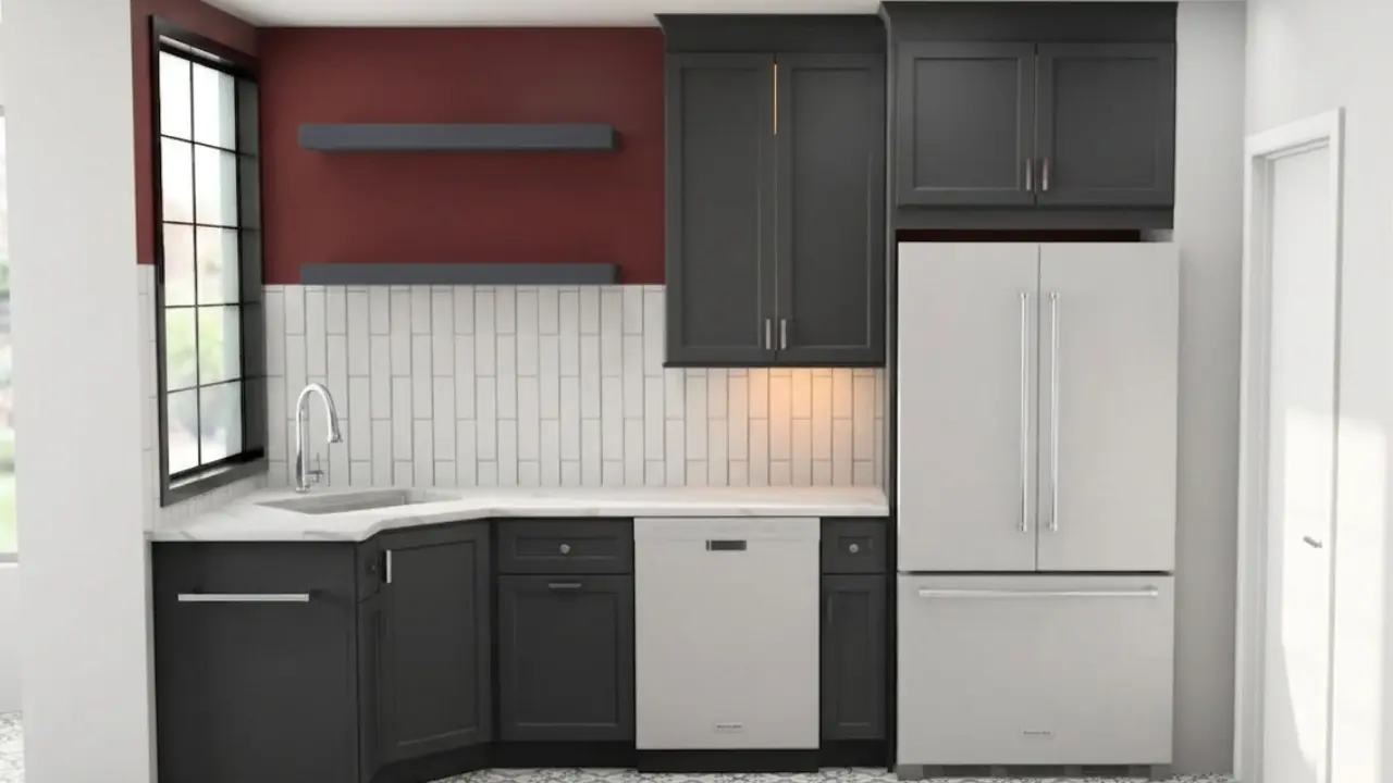 modern home kitchen with charcoal grey Shaker-style base and wall cabinets, a light wood floor, and sleek stainless steel appliances, meticulously arranged to prevent layout mistakes and ensure proper walkway clearance.