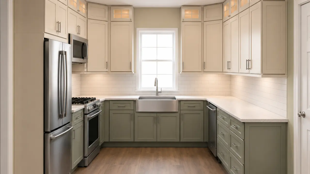 modern space-saving narrow galley kitchen featuring charcoal grey Shaker-style cabinets and seamless white countertops designed to maximize traffic flow.