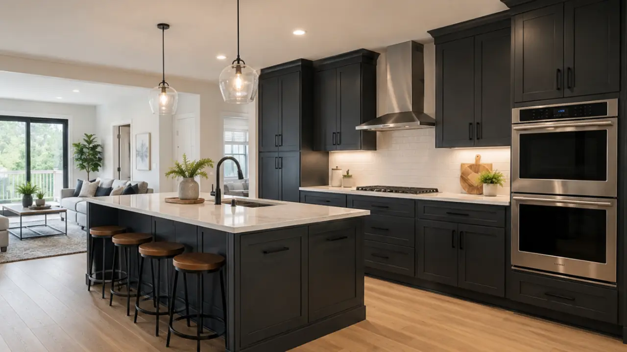 Discount Cabinets integrated into a modern open concept kitchen floor plan with large island, dark cabinets, natural lighting, and connected living space