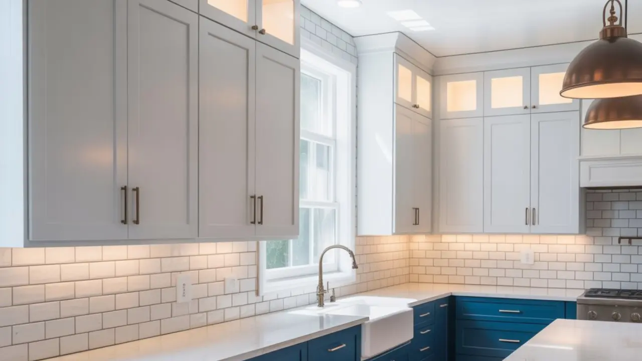 An efficient L-shaped kitchen layout featuring white upper cabinets, blue lower drawers for deep storage, and a work triangle optimized for workflow.