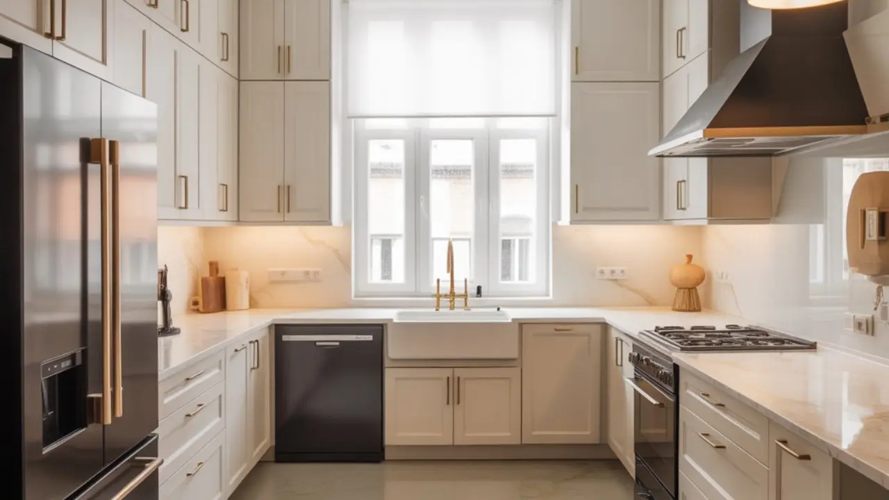A clean kitchen featuring matte greige shaker cabinets with moisture-resistant finishes and gold hardware for easy maintenance.
