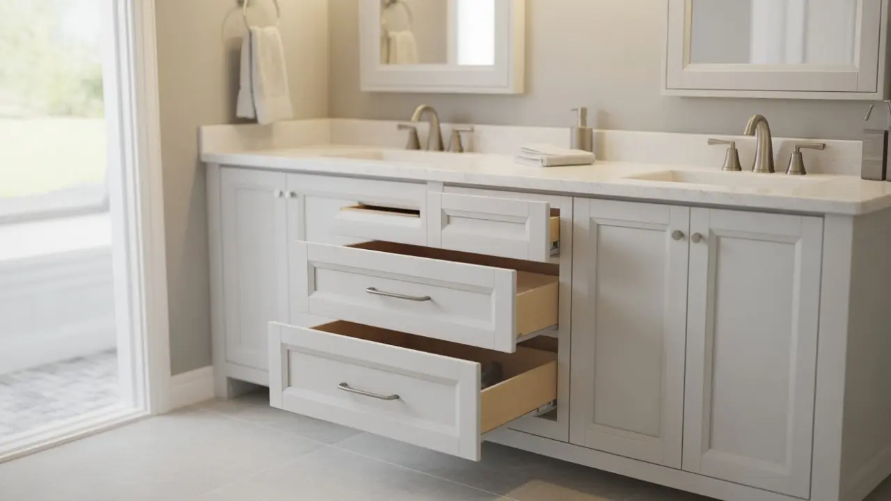 A white double bathroom vanity with open drawers showing ball-bearing slides and brushed nickel handles for durable daily use.