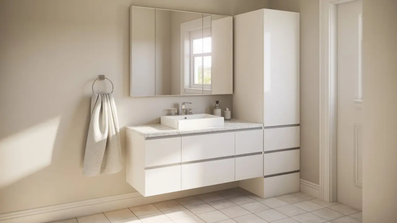 A white floating RTA bathroom vanity with integrated drawer storage and a matching vertical tower cabinet to maximize space in a small bathroom.