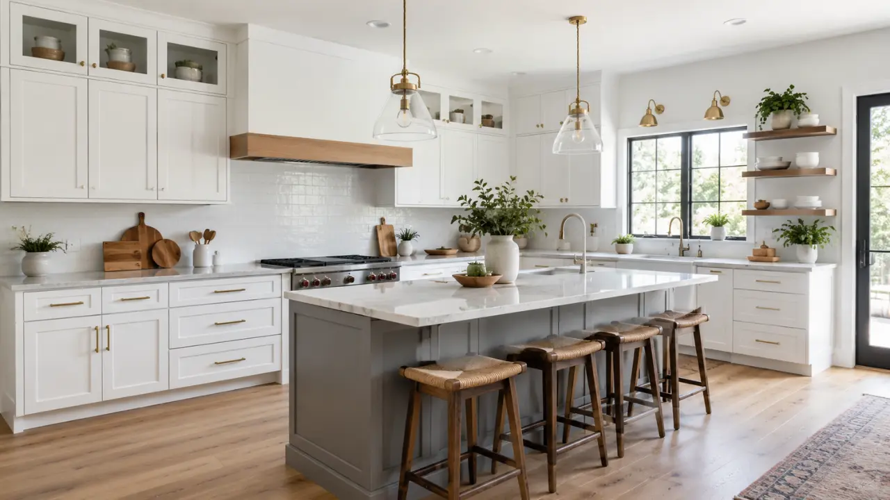 A transitional kitchen featuring white shaker upper cabinets, a gray center island, satin brass hardware, and white quartz countertops with subtle gray veining.