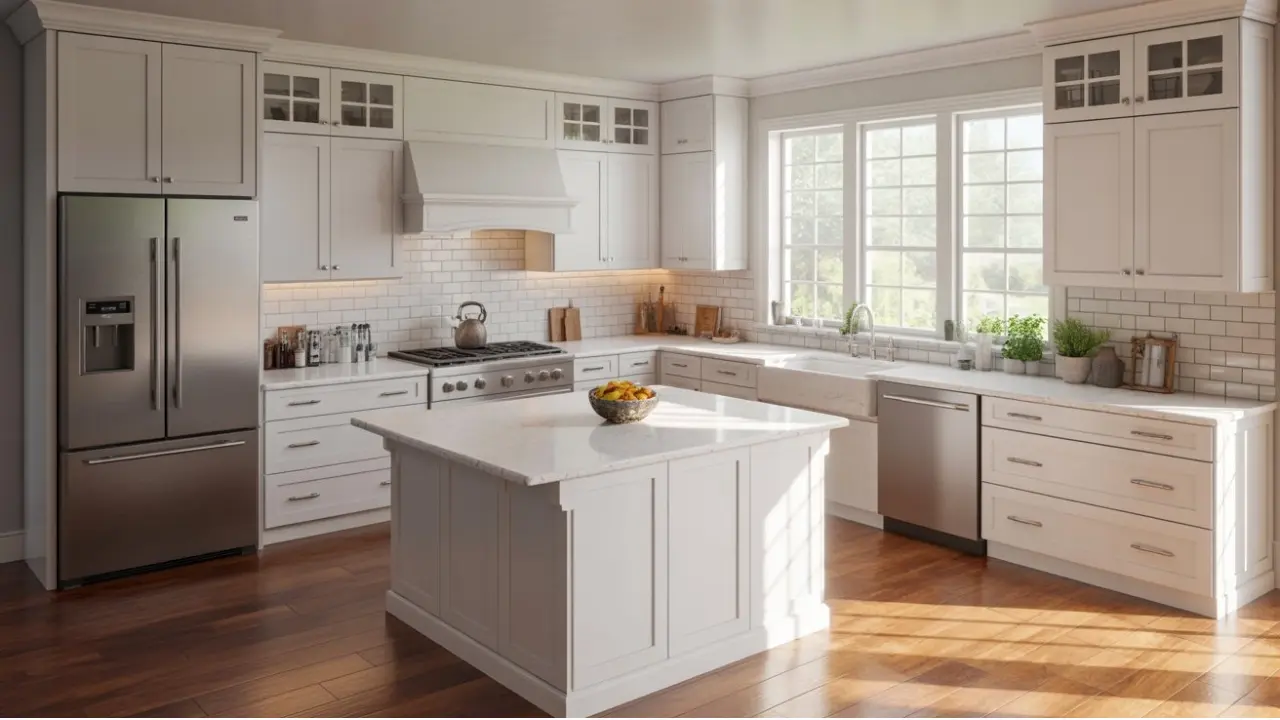 A bright kitchen featuring white shaker cabinets and a pantry layout designed for storage efficiency and high visibility in a home.
