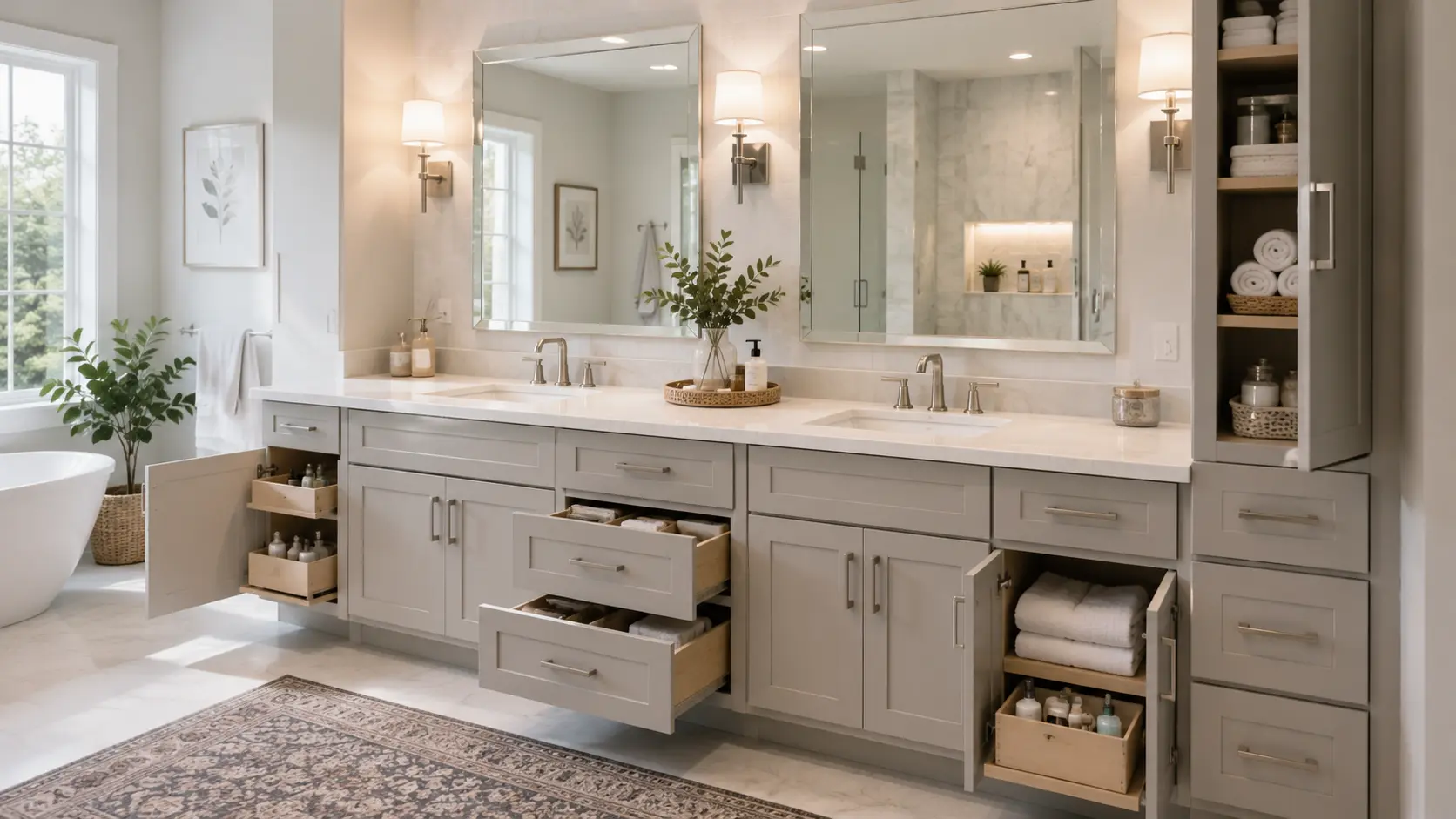 Bathroom with double vanity and smart cabinet storage creating more usable space around a high-use vanity area.