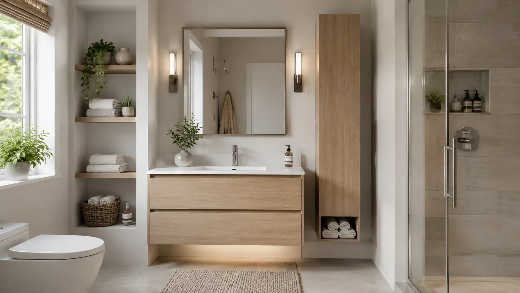 Bathroom with floating vanity and slim storage cabinets designed for a bathroom with limited wall space.
