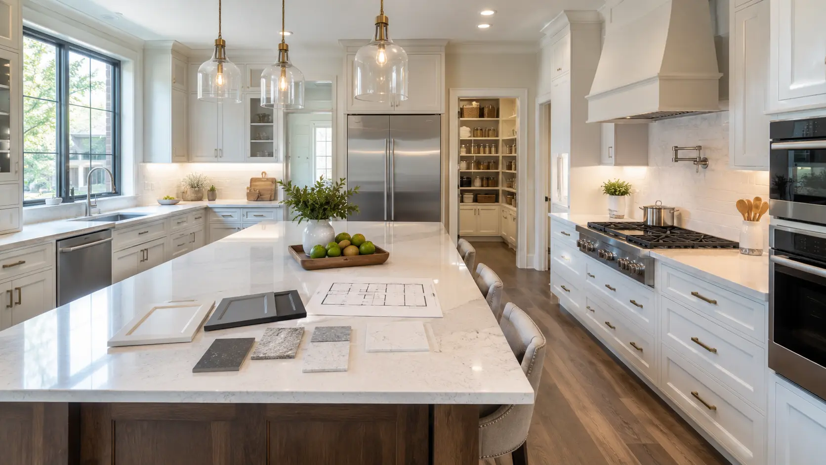 Kitchen with island, storage cabinets, and design samples showing what first-time remodelers should consider when choosing kitchen cabinets for sale.