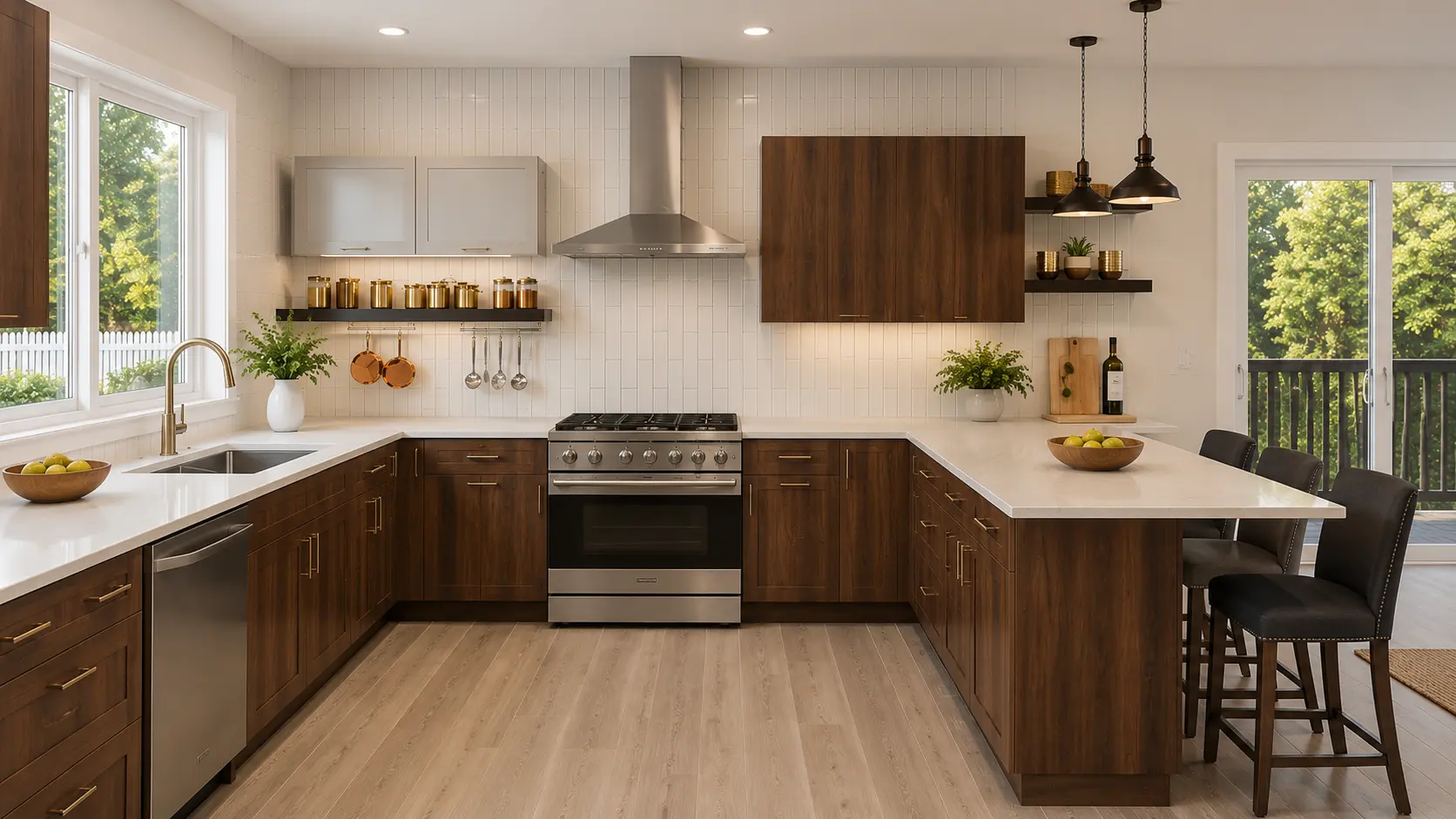 Finished kitchen with island, cabinet zones, and planning samples showing how a kitchen cabinet store helps plan a multi-cook kitchen.