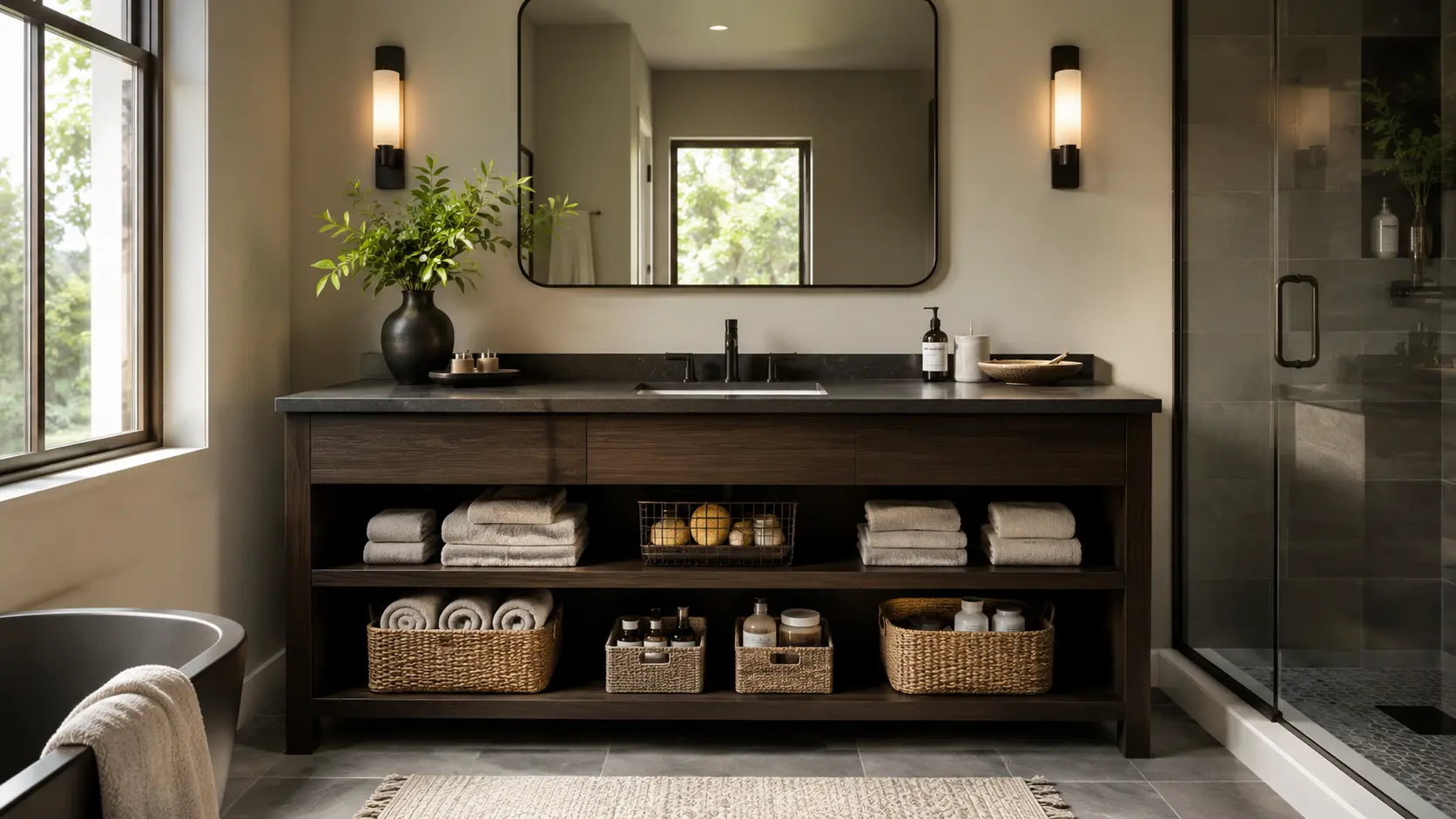 Bathroom with an open-shelf vanity showing neatly organized towels and toiletries in natural daylight.