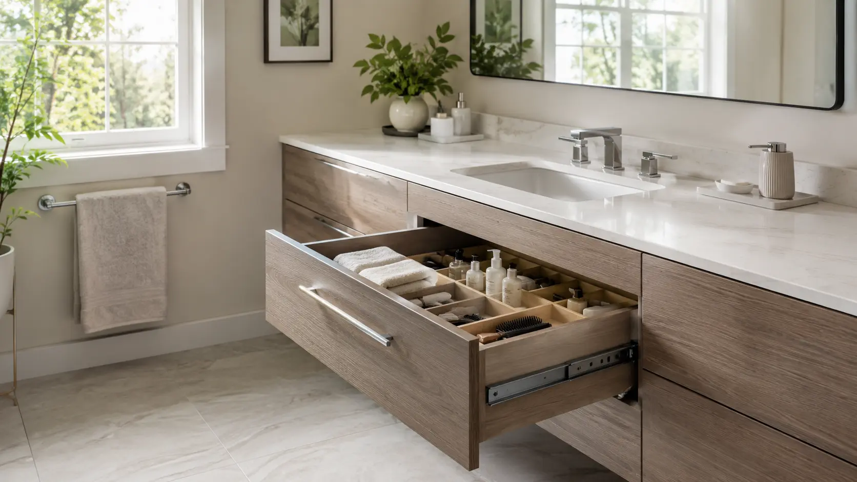 Bathroom vanity with an organized soft-close drawer showing smooth hardware and daily storage in natural daylight.