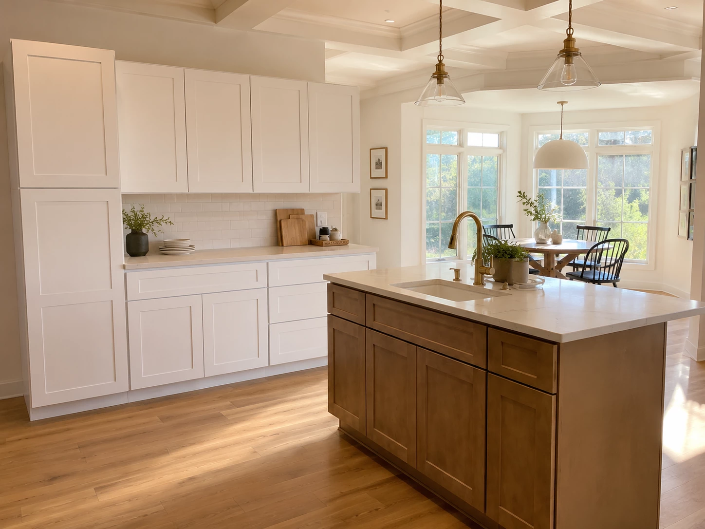 White shaker kitchen with wood island in Cleveland, Ohio