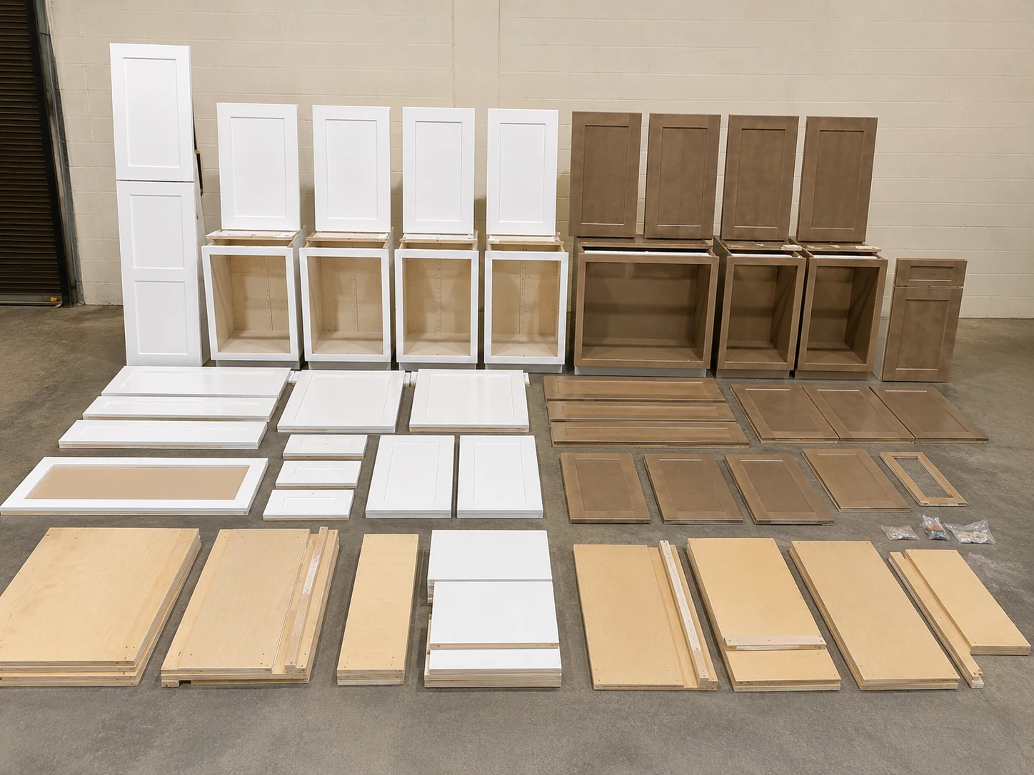 Unassembled kitchen cabinet set, flat packed at the Cleveland warehouse