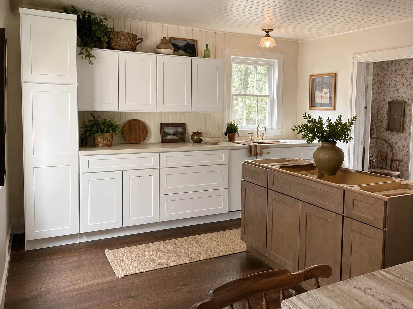 White RTA cabinets with natural wood island in Cleveland, Ohio