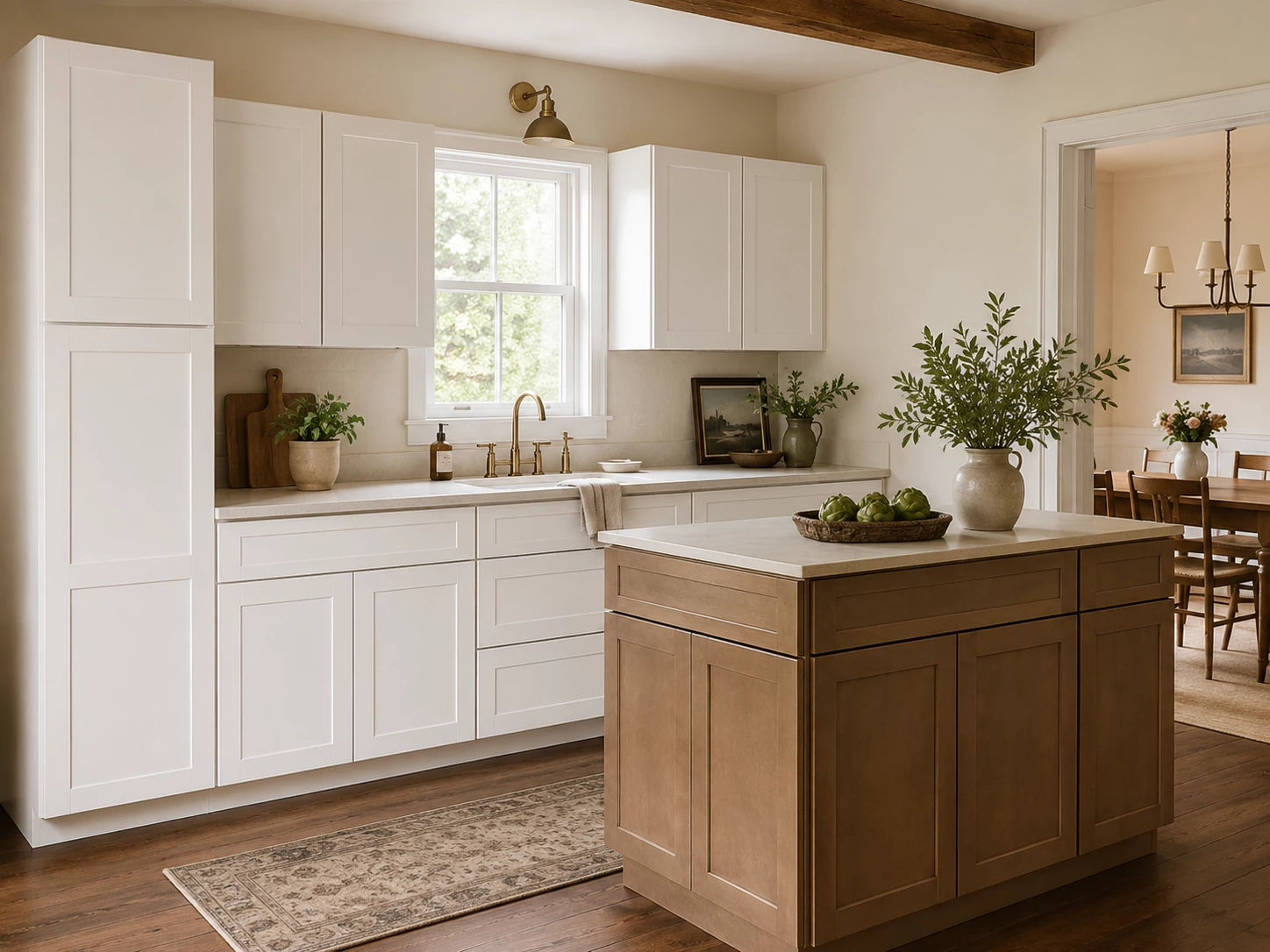 White shaker cabinets with brown kitchen island in Cleveland