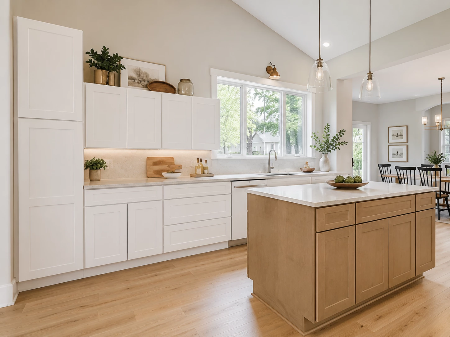 White shaker kitchen cabinets with warm wood island in Cleveland