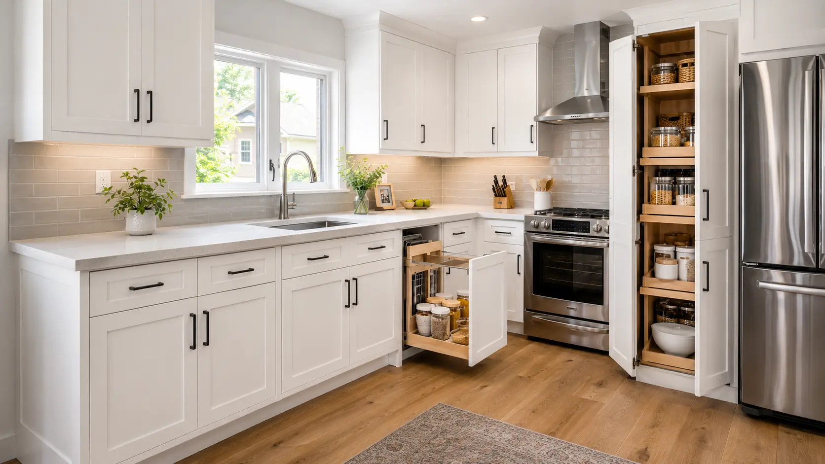 Affordable kitchen cabinets in Parma with deep drawers, pull-out shelves, and organized storage features in a finished daylight kitchen.