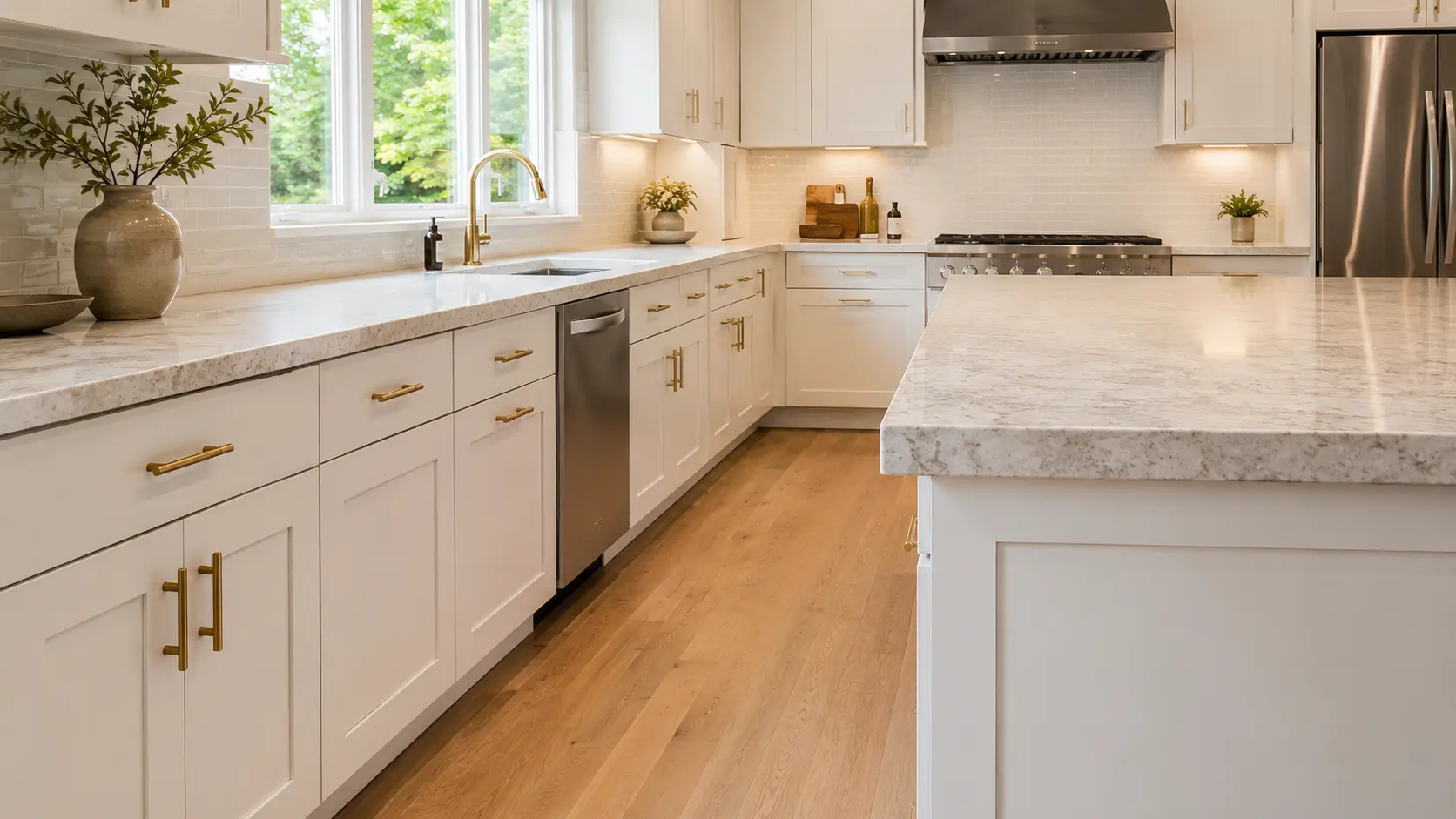 Assembled kitchen cabinets in Parma supporting a heavy quartz countertop in a finished daylight kitchen.