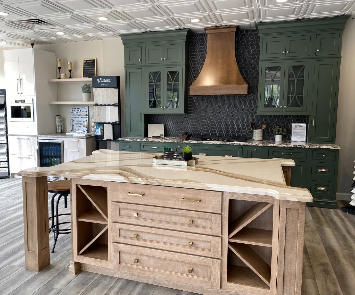 Aston Green and rustic hickory kitchen cabinets for Grafton Ohio homes