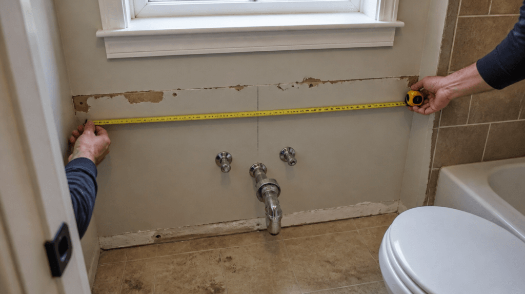 Bathroom vanity measurements in Parma taken with a tape measure across an open wall with the drain stub and supply valves exposed