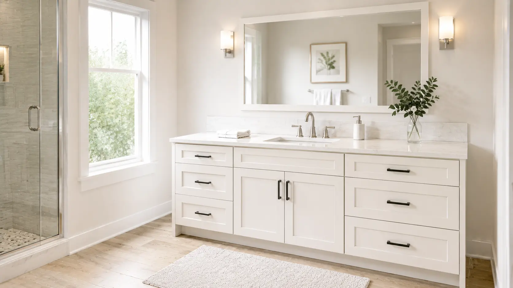 Bathroom vanity in Parma featuring a medium-depth sink, organized drawer storage, and a clean modern bathroom with natural daylight.