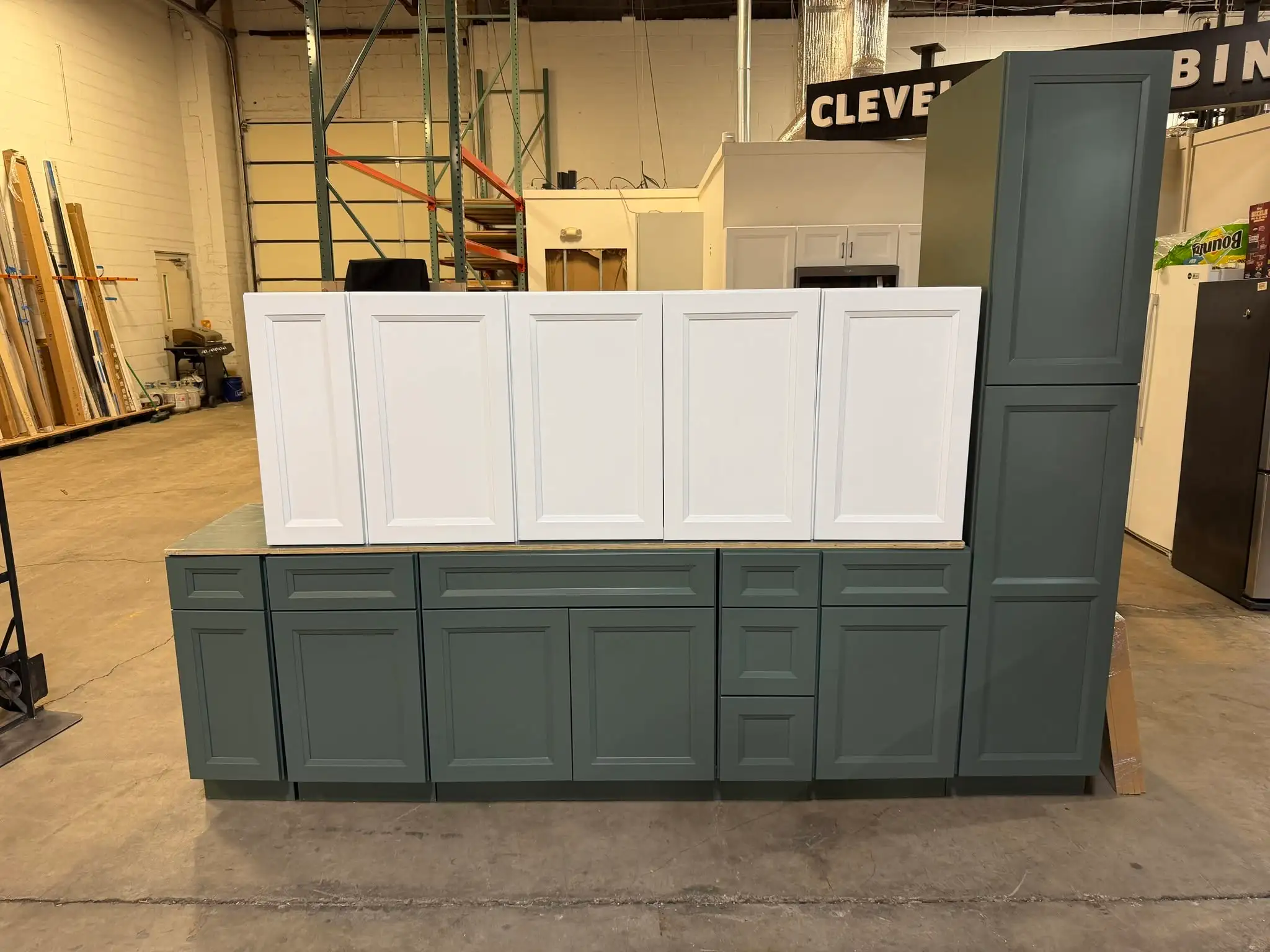 Bevel Green and Bevel White kitchen cabinets in a Mentor Ohio remodel