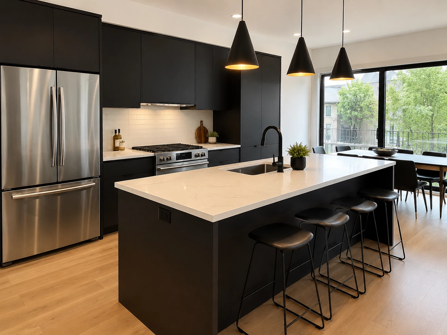 Black slab cabinet doors on Matte Black kitchen cabinets in Cleveland Ohio