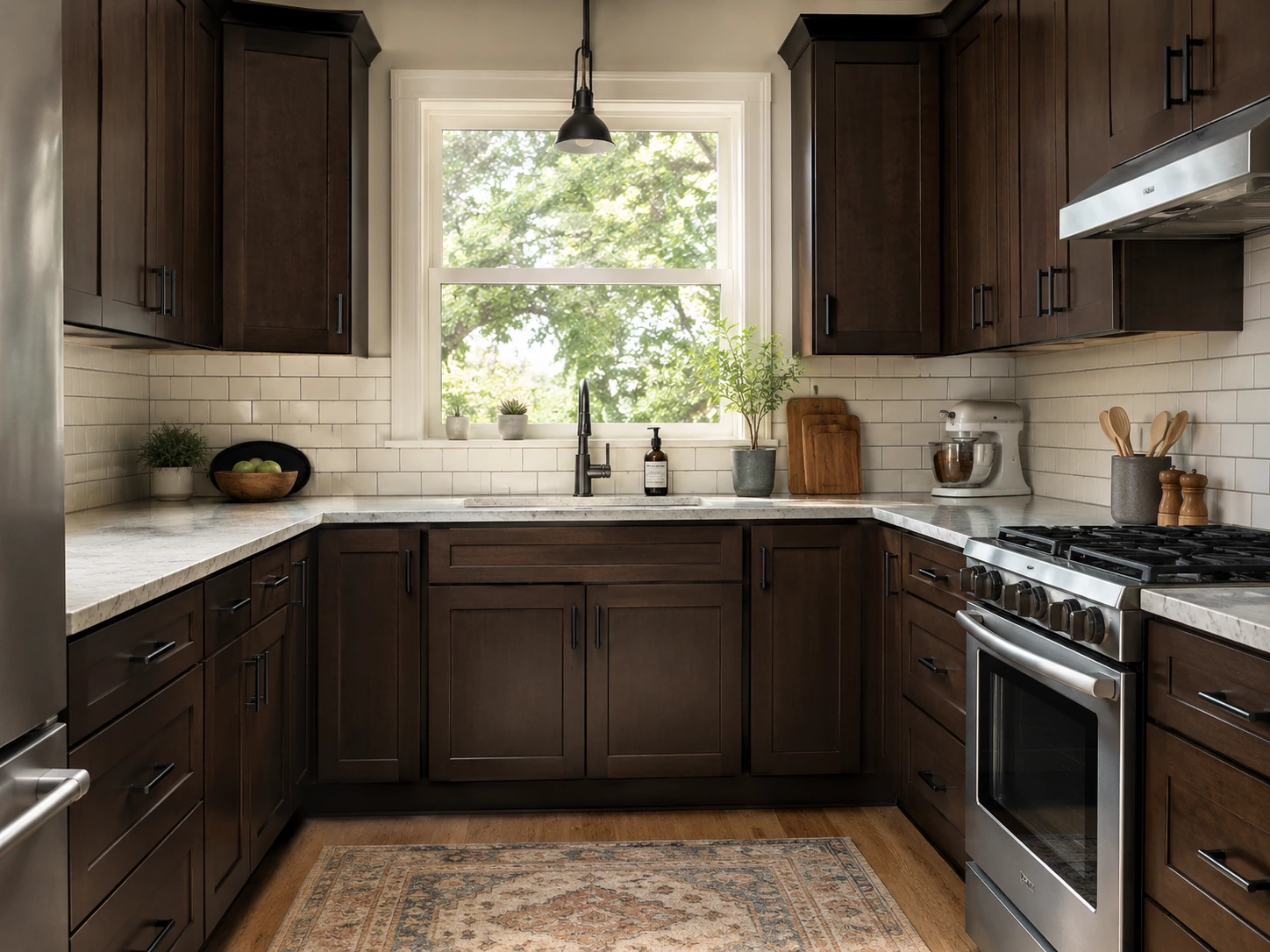 Espresso cabinets with white countertops in a Cleveland Ohio kitchen