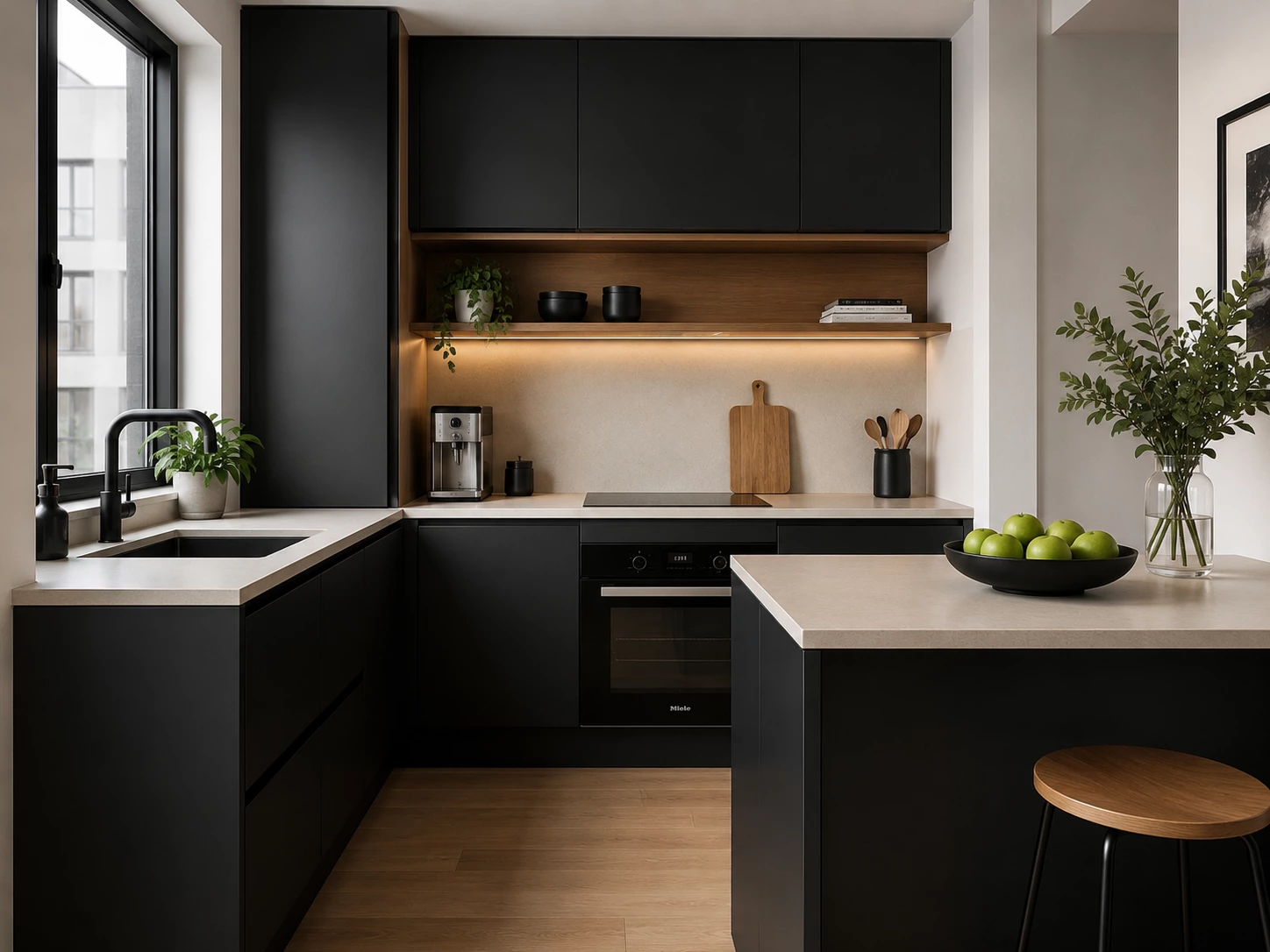 Flat panel black cabinetry in a Cleveland Ohio kitchen