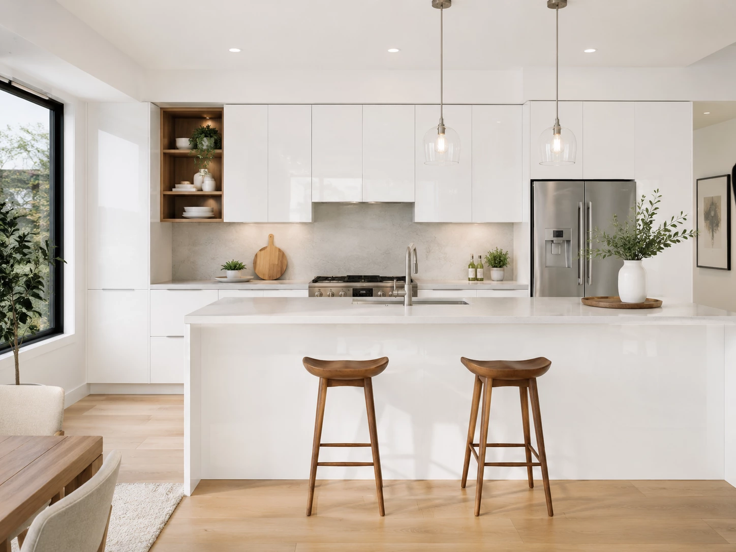 Flat panel white kitchen cabinets in a Cleveland Ohio home