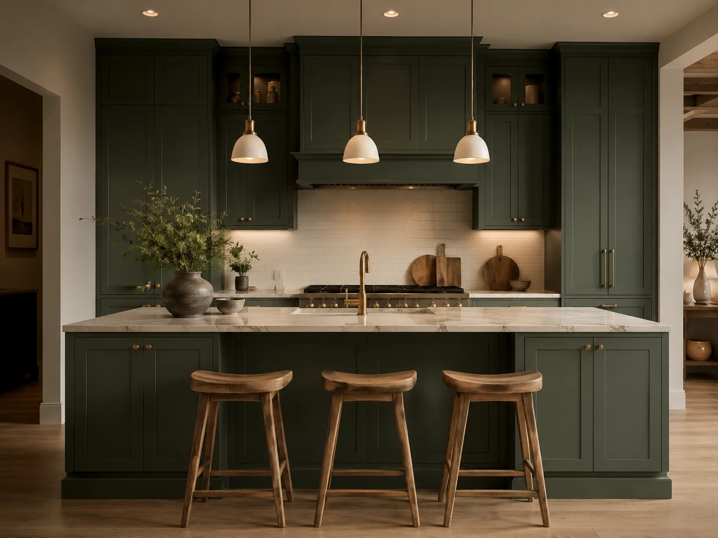 Green kitchen cabinets with brass hardware in Cleveland Ohio