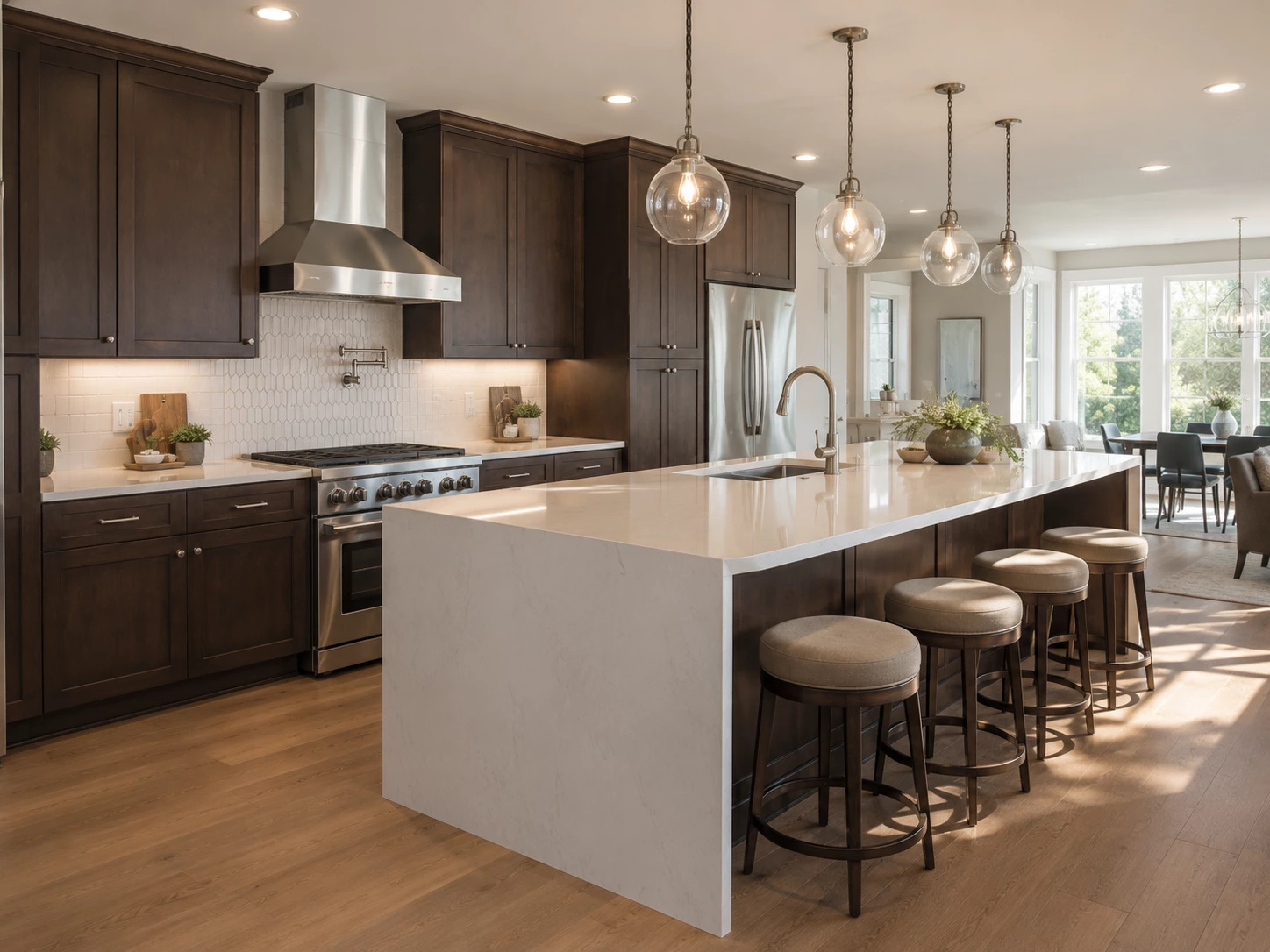 Java Coffee kitchen cabinets with white countertops in a Cleveland Ohio kitchen