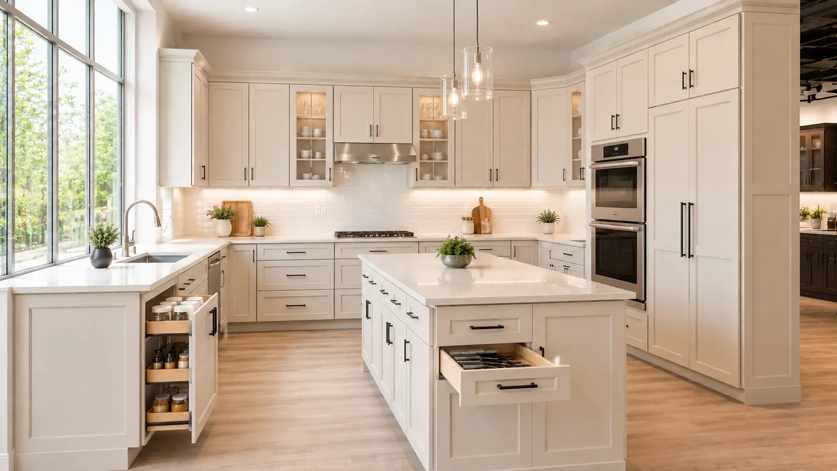 Kitchen cabinet showroom display in Parma featuring an L-shaped layout, island, pantry storage, and organized cabinets.