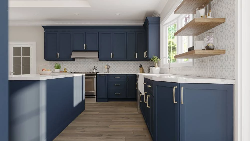 Marine Blue cabinets with gold hardware at Cleveland warehouse