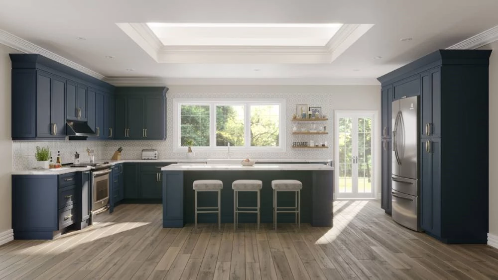 Marine Blue kitchen cabinets installed in Cleveland home