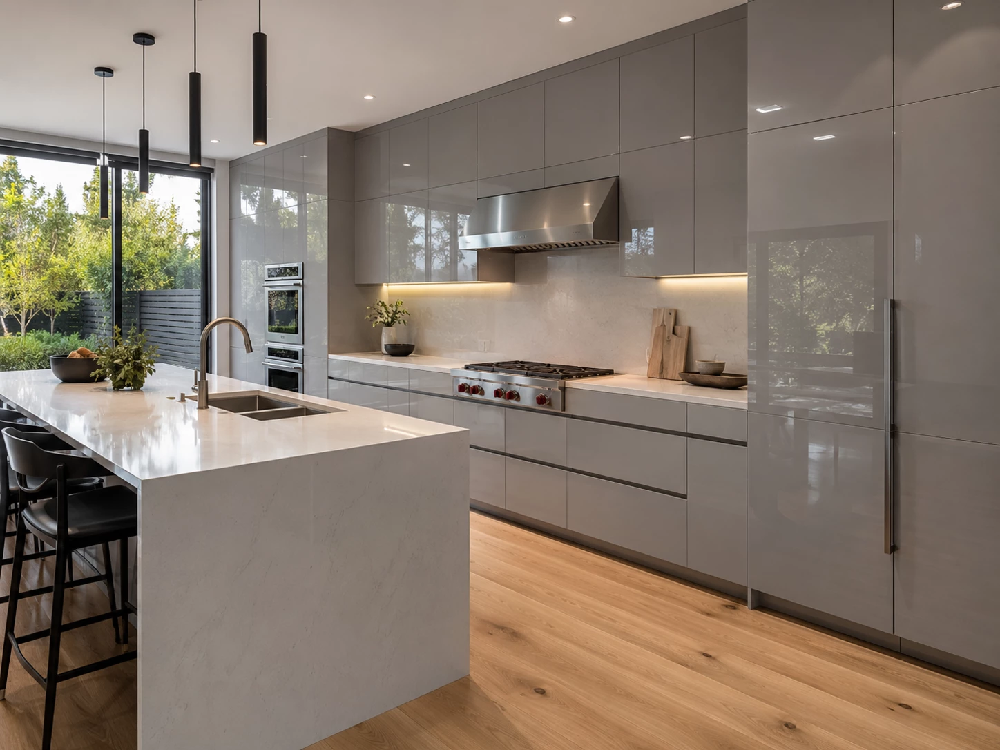 Modern gray slab cabinet doors in High Gloss Gray at our Cleveland Ohio cabinet warehouse