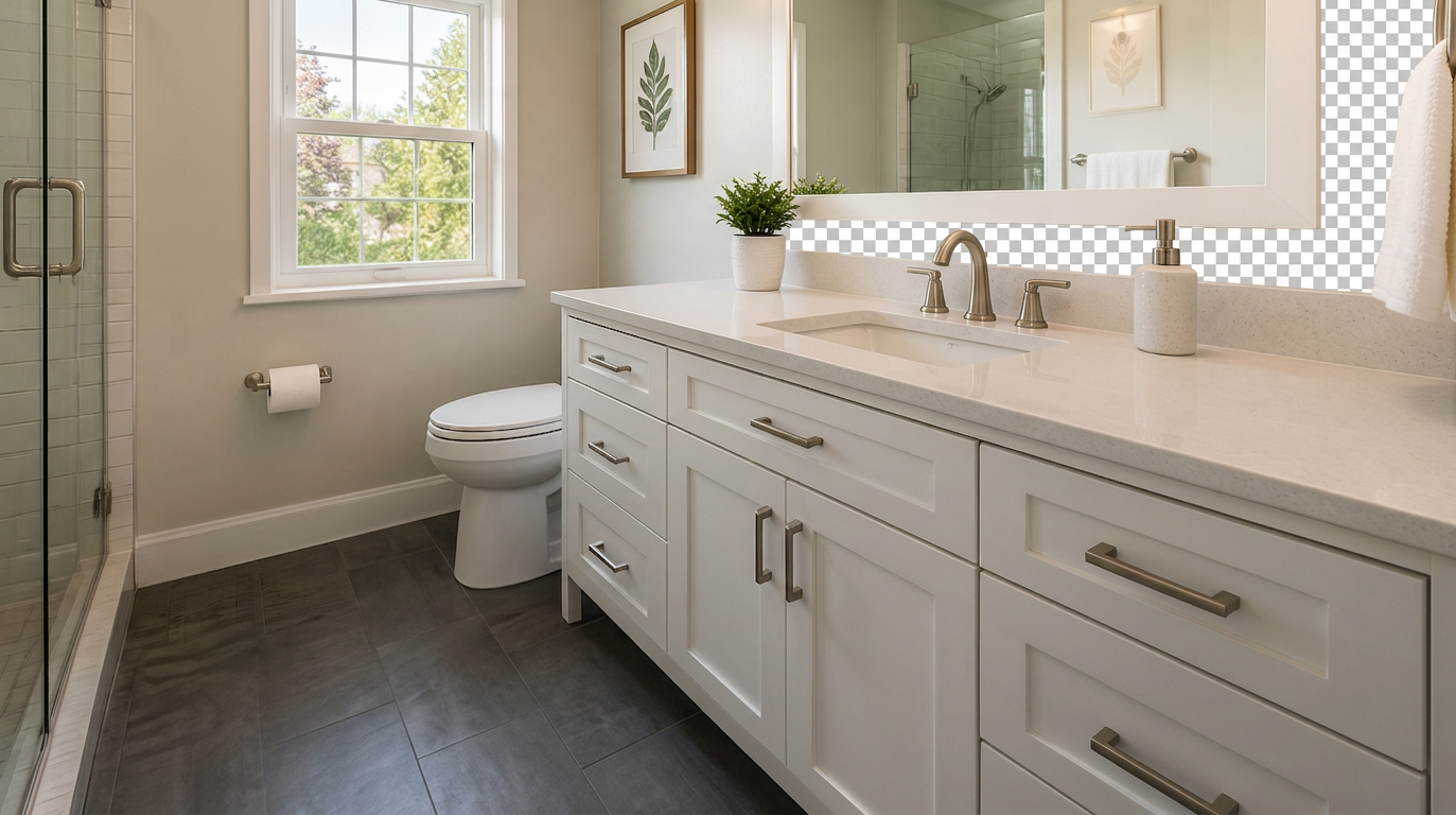 bathroom-vanity-parma-parma-heights Bathroom vanity in Parma, Parma Heights, with a shaker white cabinet, quartz countertop and undermount sink in a bright remodeled bathroom