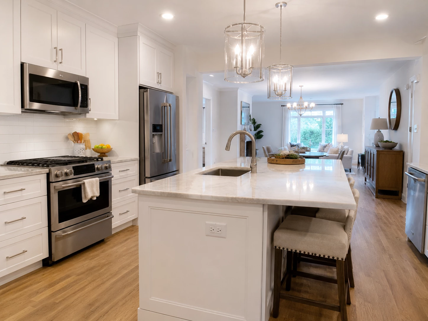 Transitional white kitchen design with Double Dove White kitchen cabinets Cleveland Ohio