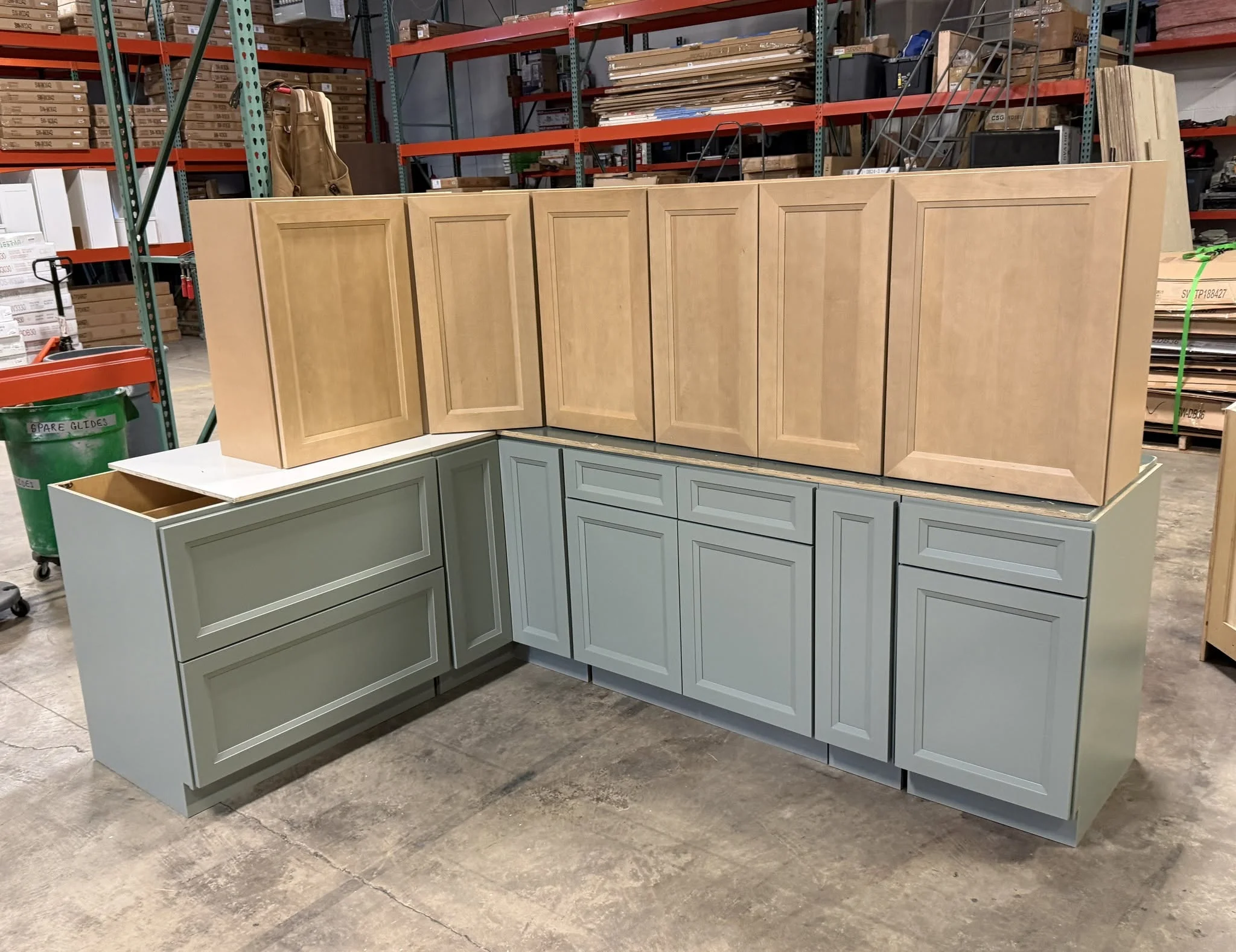 Two toned white oak and sage green kitchen cabinets Strongsville Ohio