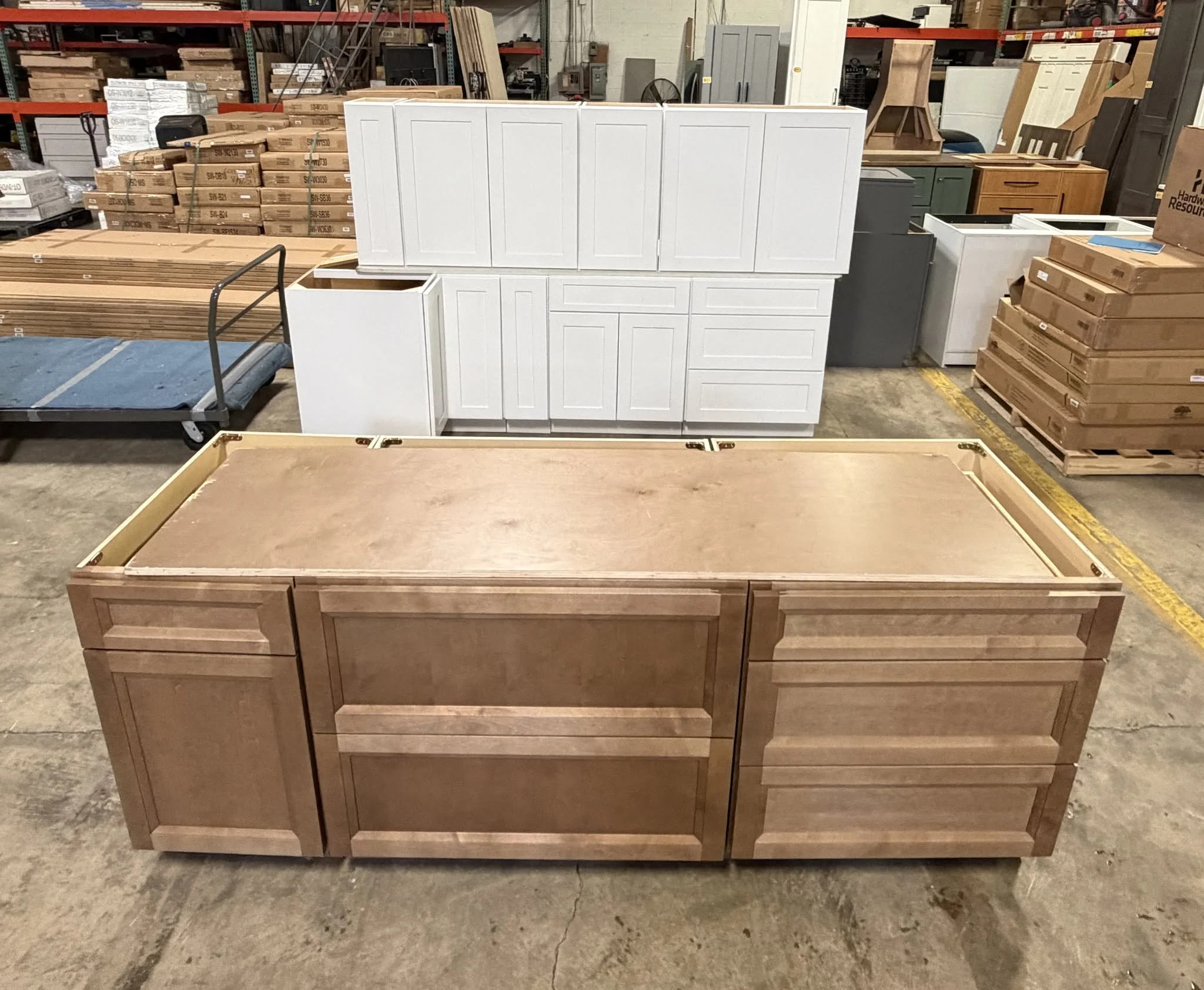White shaker perimeter cabinets with an oak island Maple Heights Ohio