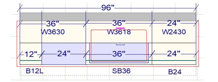 Layout and dimensions for the 96 inch green kitchen cabinet package in Cleveland, Ohio