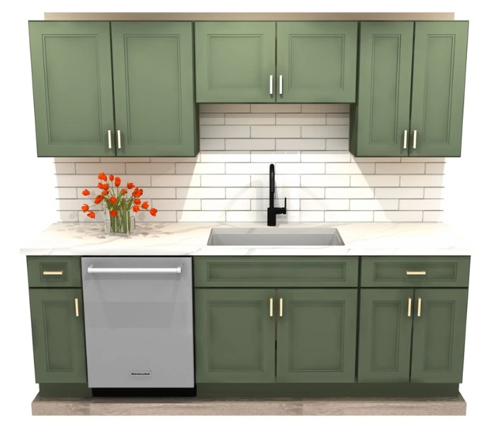 Green kitchen cabinet set laid out with the sink base, 96 inch run, at the Cleveland warehouse