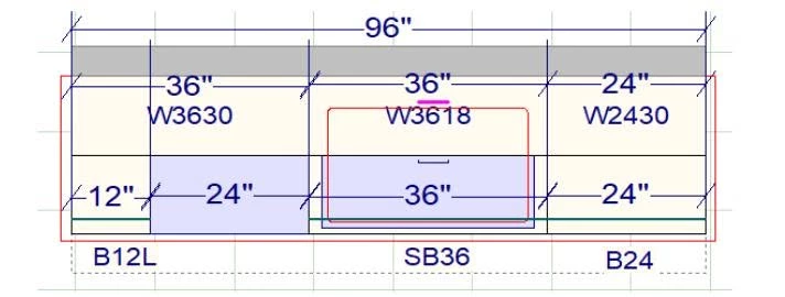 96 inch White Shaker kitchen cabinet layout with dimensions, Cleveland, Ohio
