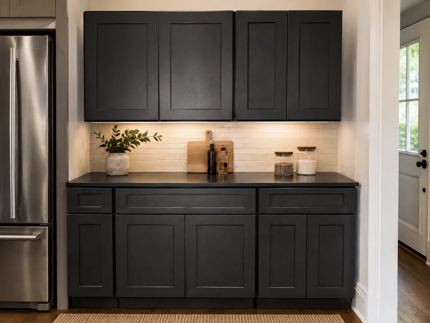 Fully assembled Black Shaker kitchen cabinet set at the Cleveland warehouse