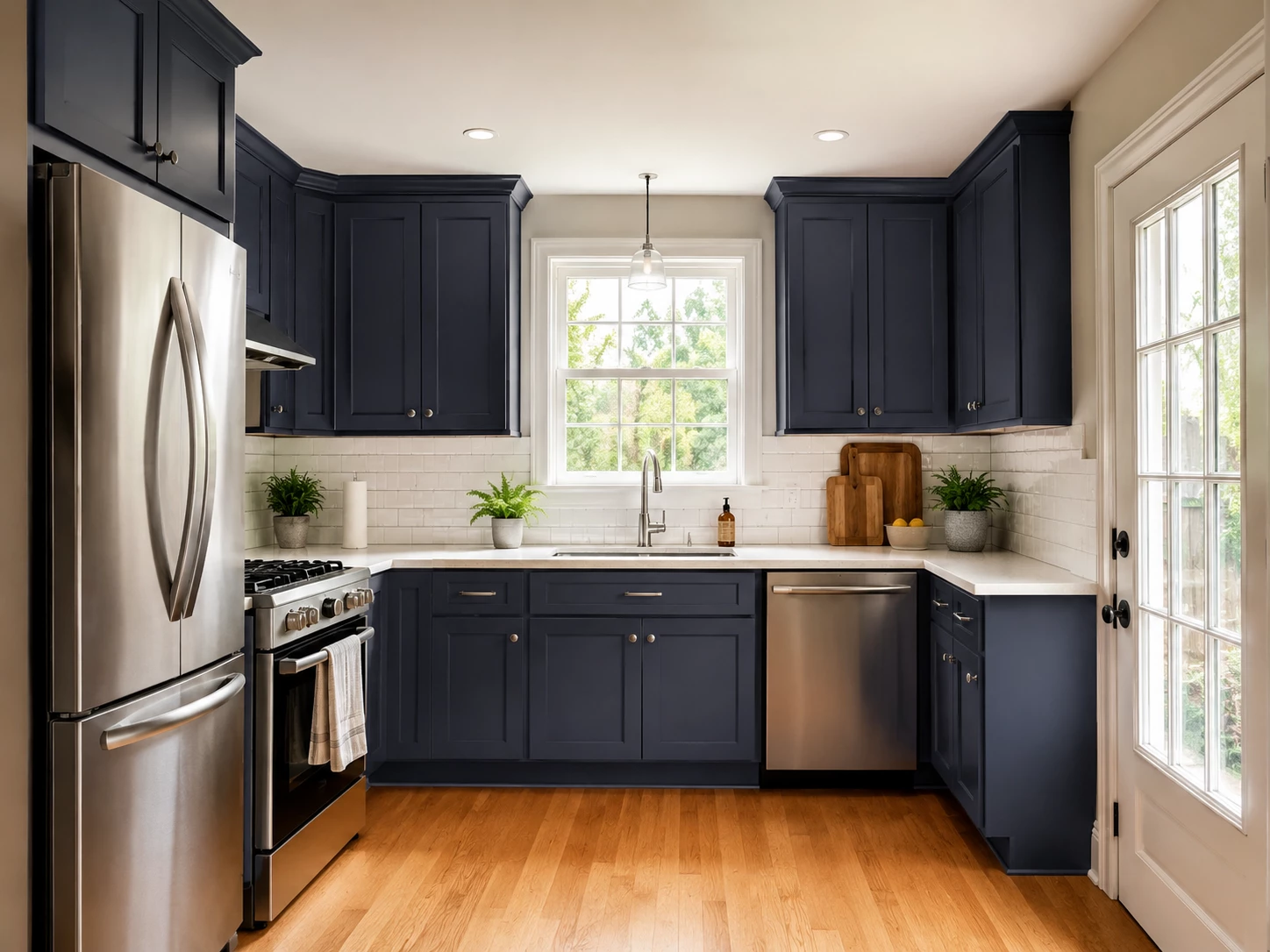 Bevel Blue cabinets in a contemporary galley kitchen with a skylight, Ohio
