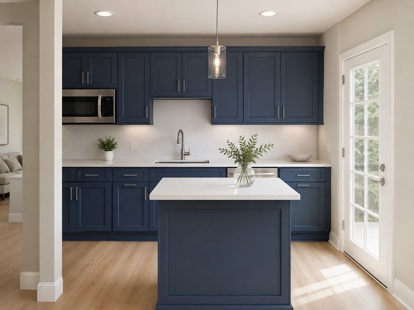 Bevel Blue cabinets in a farmhouse kitchen with a peninsula and beadboard ceiling, Ohio
